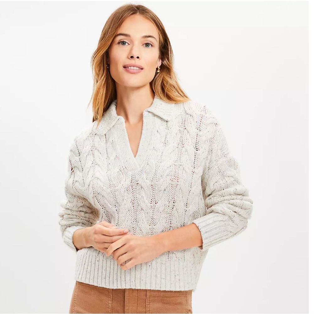 Petite Flecked Collared Split Neck Cable Sweater - image 1